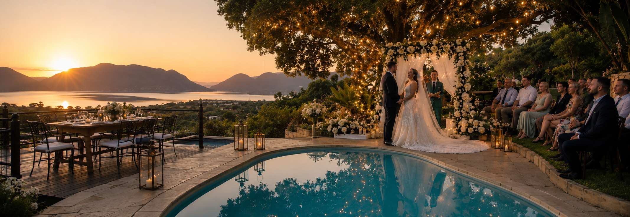 Outdoor wedding venue in Hartbeespoort with mountain views at La Montagne Guest Lodge This is the best alt text because it describes the image accurately and includes your strongest SEO phrase: wedding venue in Hartbeespoort.
