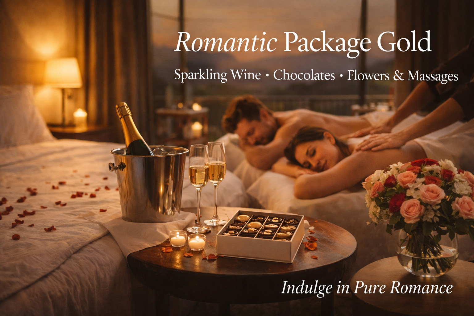 Gold romantic package in Hartbeespoort with sparkling wine chocolates flowers and massages