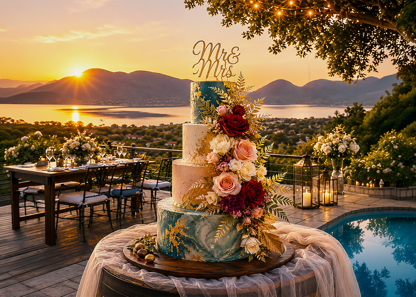 Wedding cake and menu detail in Hartbeespoort at La Montagne Guest Lodge