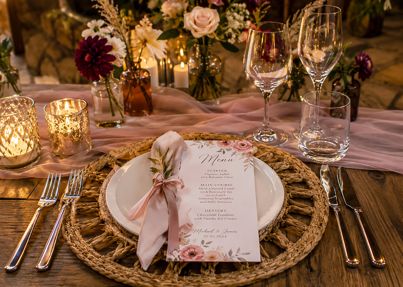 Wedding place setting and menu detail at La Montagne Guest Lodge Hartbeespoort